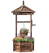 COSTWAY Garden Wishing Well Planter, Fountain Barrel Waterfall Flower Pot with Adjustable Hanging...