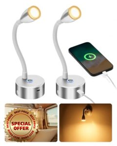 SUPAREE 12V LED Lights USB Caravans 12V Spot Lights Motorhome 12V Reading Light LED Campervan Flexible Gooseneck with Type C Port Touch Switch Dimmable 3000K Acrylic 2pcs