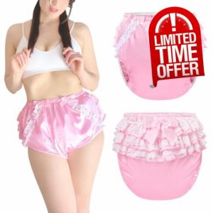 Littleforbig Washable Reusable Waterproof Ruffled Lace Bow Pretty in Pink Satin Over Adult Diaper Cover M