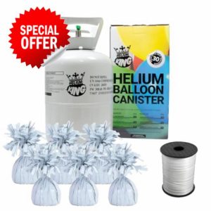 Small Helium Canister with Curling Ribbon and 6 Foil Balloon Weights (White