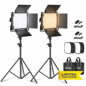 NEEWER 2 Pack Bi-color 660 LED Video Light and Stand Kit:(2)3200-5600K CRI 96+ Dimmable Light with U Bracket and Barndoor