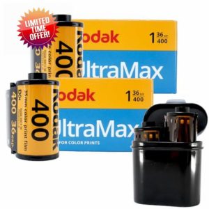 35mm film camera Bundle: 2 rolls of Kodak 35mm film colour Ultramax 400 36 exposures and a 2 film roll 35mm case