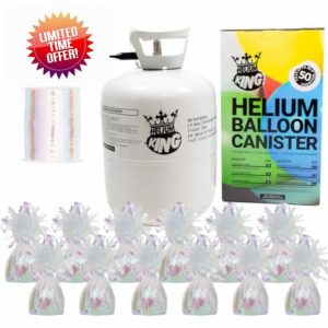 Large Helium Canister with Curling Ribbon and 6 Foil Balloon Weights (Iridescent