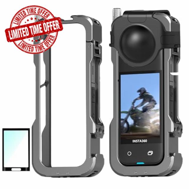 HAFOKO Aluminum Alloy Frame Cage + Lens Cap+Screen Protector for Insta 360 X4 Metal Multi- Functional Expansion Protective Case Cage Housing for Insta 360 X4 Accessories