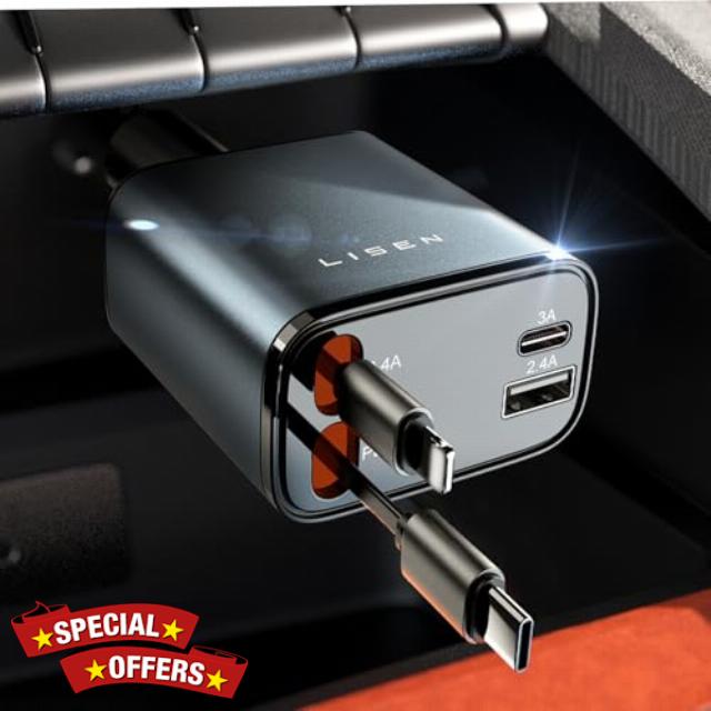 LISEN Retractable Car Charger 69W USB C Car Charger Adapter 4 in 1 Retractable Fast Car Phone Charger Compatible with iPhone 15/14/13/12/11 Samsung Galaxy S24 S23 Pixel Type C Car Charge