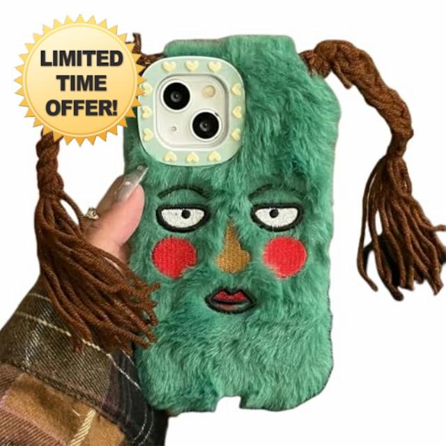 HEVANCIE funny phone case Cartoon Plush Soft Phone Case for iPhone 15 14 13 12 Pro Max 11 Cute Funny Ugly Blush Braids Girl Face Hair Back Cover-For iphone 12promax-A