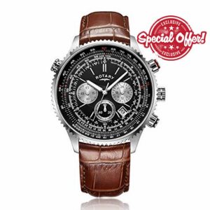 Rotary Men's Quartz Chronograph Watch with Black Dial Brown Leather Strap [Pilot Watch] GS00100/04/BRN