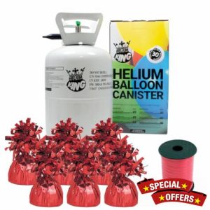 Small Helium Canister with Curling Ribbon and 6 Foil Balloon Weights (Red