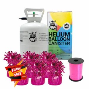 Small Helium Canister with Curling Ribbon and 6 Foil Balloon Weights (Hot Pink