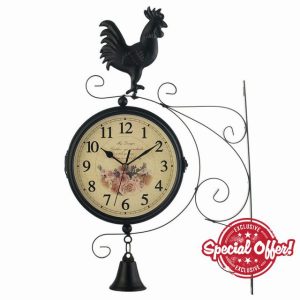 SHITOOMFE Outdoor Wall Clock Garden Decorative Double Sided Bracket Clock Retro Hanging Clock Iron Art Craft with Rooster Bell wall clock