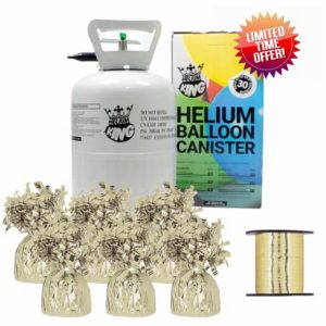 Small Helium Canister with Curling Ribbon and 6 Foil Balloon Weights (Gold