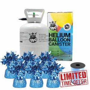 Small Helium Canister with Curling Ribbon and 6 Foil Balloon Weights (Light Blue