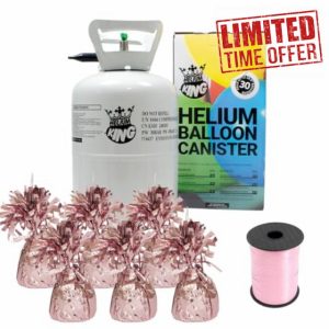 Small Helium Canister with Curling Ribbon and 6 Foil Balloon Weights (Baby Pink
