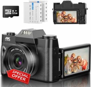 Digital Camera AutoFocus 4K 56MP UHD Vlogging Camera with 16X Digital Zoom 3.0 Inch Compact Camera with 180 Degree Rotation Flip Screen Camera for Beginners Adults 32GB Micro SD Card & 2 Batteries