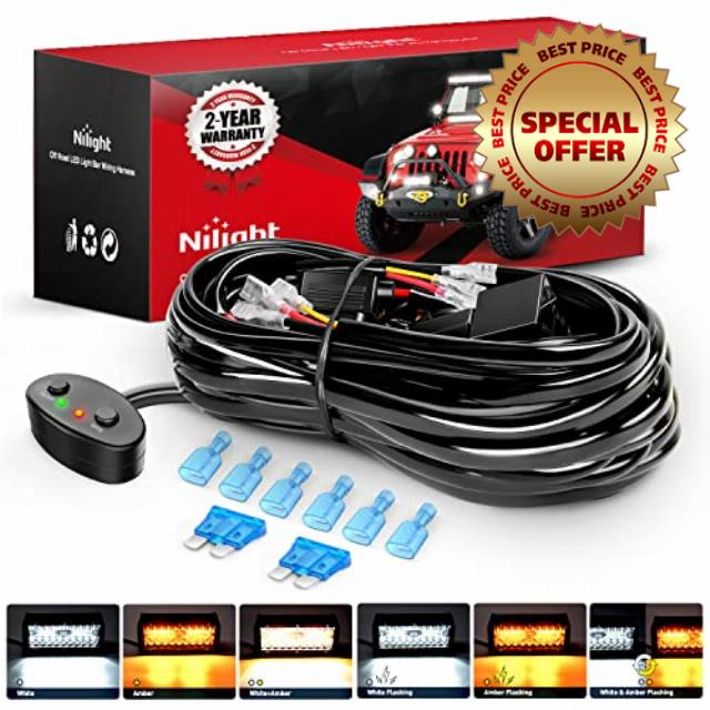 Nilight 16AWG Wiring Harness Kit 2 Leads Specially Customized for 6 Modes Amber White Strobe Light Bar Off Road LED Work Light 12V On Off Switch Remember and Reset Function
