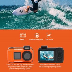 33FT Camera 65MP Autofocus Dual Screen Selfie 18x Zoom Underwater Camera Compact Digital Camera for Snorkeling (Orange)