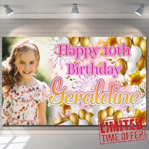 Personalised Happy Birthday Backdrop Background Banner Gold Flower Butterfly Poster Fabric Glitter Party Decorations girls children woma