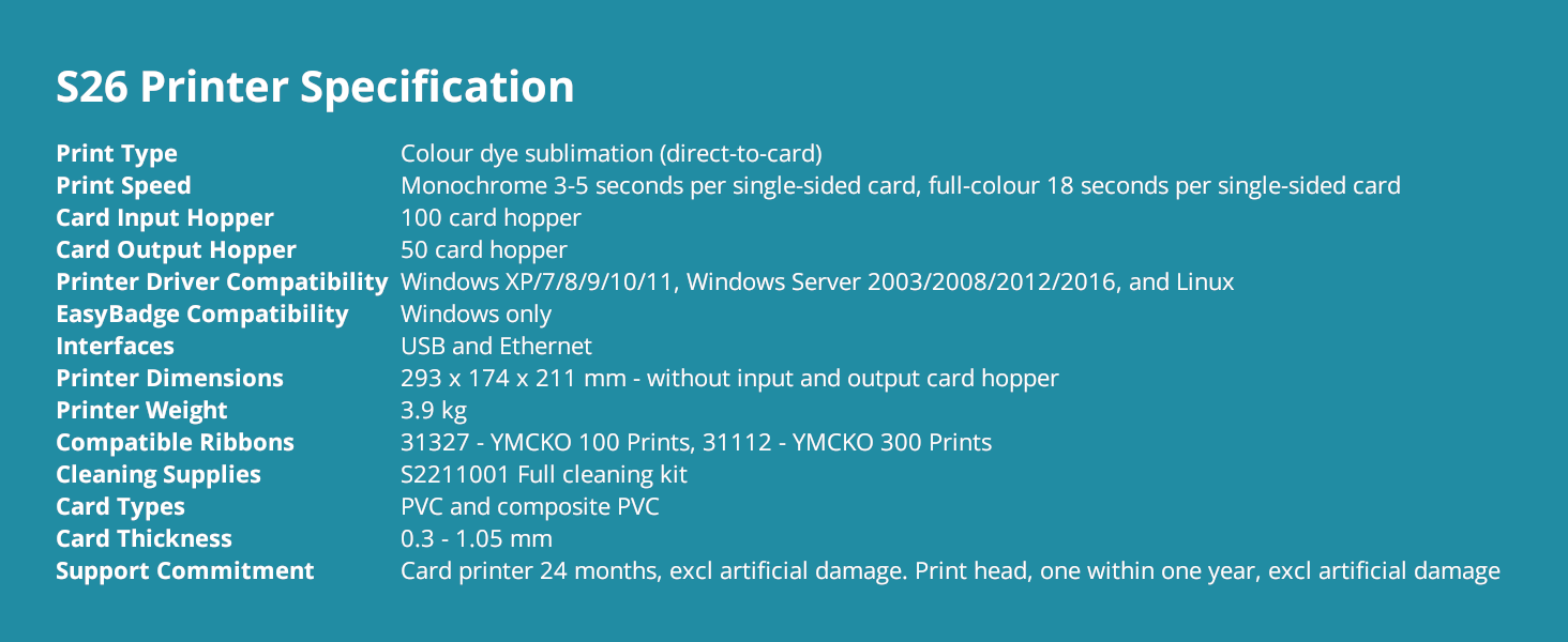 easybadge s26 printer specifications