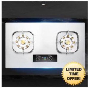 Gas Stove 2 Burners Gas Stove Timer (Double Side Independent) Thick Square Stainless Steel Stove Accidental Flameout Protection Device