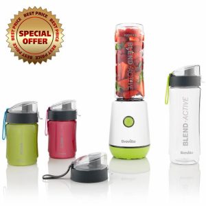 Breville Blend Active Personal Blender & Smoothie Maker | 350W | Family Pack | 4 Portable Blend Active Bottles (300ml | 600ml) | Leak Proof Lids | White & Green [VBL252]