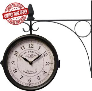 DEZYN - Outdoor Garden Wall Clock - Weather-Resistant Outside Hanging Vintage Clock - Double Sided Station Clock with Sturdy Mounting Arm for Home/Balcony/Garden/Yard/Patio and More