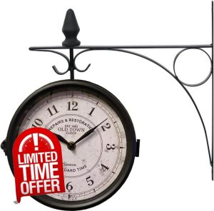 DEZYN - Outdoor Garden Wall Clock - Weather-Resistant Outside Hanging Vintage Clock - Double Sided Station Clock with Sturdy Mounting Arm for Home/Balcony/Garden/Yard/Patio and More