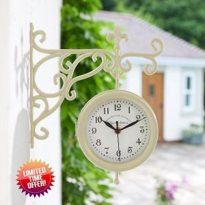 mysmartbuy.com York Station Wall Mounted Quartz Clock & Thermometer – Battery Powered Weatherproof Double-Sided Indoor Outdoor Home Garden Decoration – Cream