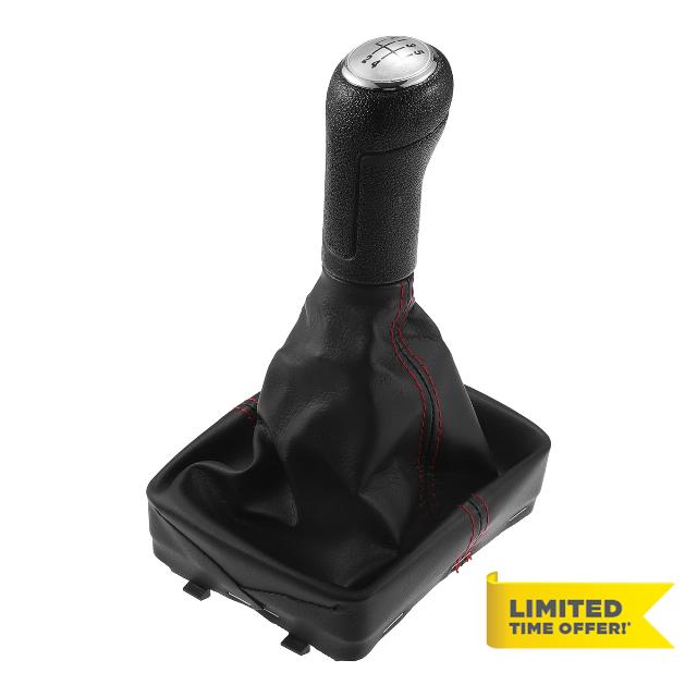 A ABSOPRO 5 Speed Manual Gear Shifter Knob with Cover for VW Polo 2001-2009 Plastic Faux Leather Gearbox Stick Shifter Lever Knob Black with Red Stitches