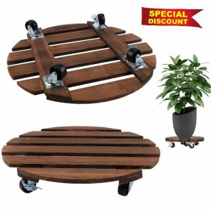 BURNTOP 2 Pack Plant Caddy wooden plant stands outdoor with wheels Brake garden pot stands home indoor and outdoor plant decoration brackets heavy duty rolling plant movers bracket plant dolly