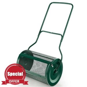 Gr8 Garden 76 Litre Heavy Duty Metal Garden Grass Lawn Compost Spreader Manure Peat Moss Sand Roller Top Soil Fertiliser Rolling Barrel Drum Frame