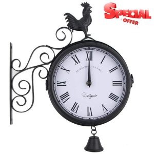 Round Wall Hanging Double Sided Two Faces Retro Station Clock Round Chandelier Wall Hanging Clock Outdoor Garden Wall Station Clock Double Sided Cockerel Vintage Retro Home Deco