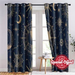 Minimalist Sun And Moon Blackout Curtains for Living Room Celestial Stars Eyelet Curtains