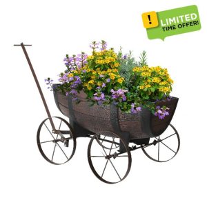 My Garden Wagon Planter Decorative Flower Pot Stand With Handle & Wheels Plants Half Barrel Wooden Cart Large Planter For Outdoor Indoor Ideal For Flowers & Shrubs