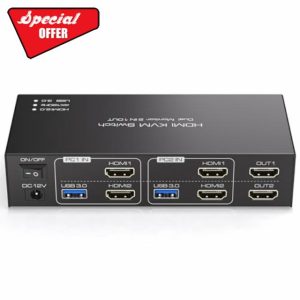 TJCXELE 4K120Hz HDMI KVM Switch 2 Monitors 2 Computers USB 3.0 KVM Switch Dual Monitor Share 2 Monitors and 4 USB Ports Support Extended and Copy With 2 USB 3.0 Cables & Desktop Controlle