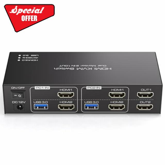 TJCXELE 4K120Hz HDMI KVM Switch 2 Monitors 2 Computers USB 3.0 KVM Switch Dual Monitor Share 2 Monitors and 4 USB Ports Support Extended and Copy With 2 USB 3.0 Cables & Desktop Controlle