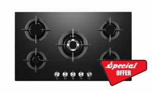 Cookology GGH906BK Gas Hob on Glass - 90cm Built-in 5 Burners - Powerful Wok Burner and Cast Iron Pan Supports - Auto Igniton - In Black