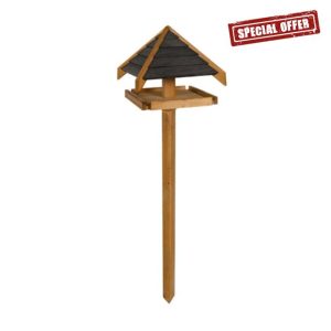 Green Feathers Handcrafted Wooden Pine & Charcoal Bird Table with Sheltered Roof & Mounting Stake for Outdoor Garden - Feeding Station for Small to Medium Birds (Charcoal Roof Bird Table)