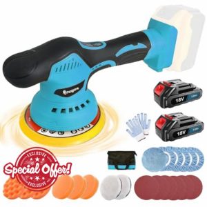 Psogpone Cordless Car Buffer Polisher with 2PCS 3.0Ah Batteries 6 Inch Portable Polishing Waxer Kit 6 Variable Speed 6800RPM Orbital Polisher Power Polisher for Car Detailing Polishing Waxing
