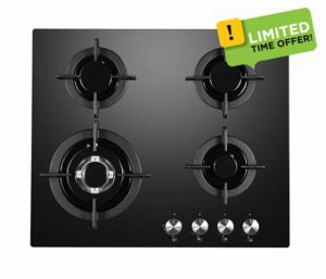 Cookology GGH606BK Gas Hob on Glass - 60cm Built-in 4 Burners - Powerful Wok Burner and Cast Iron Pan Supports - Auto Igniton - In Black