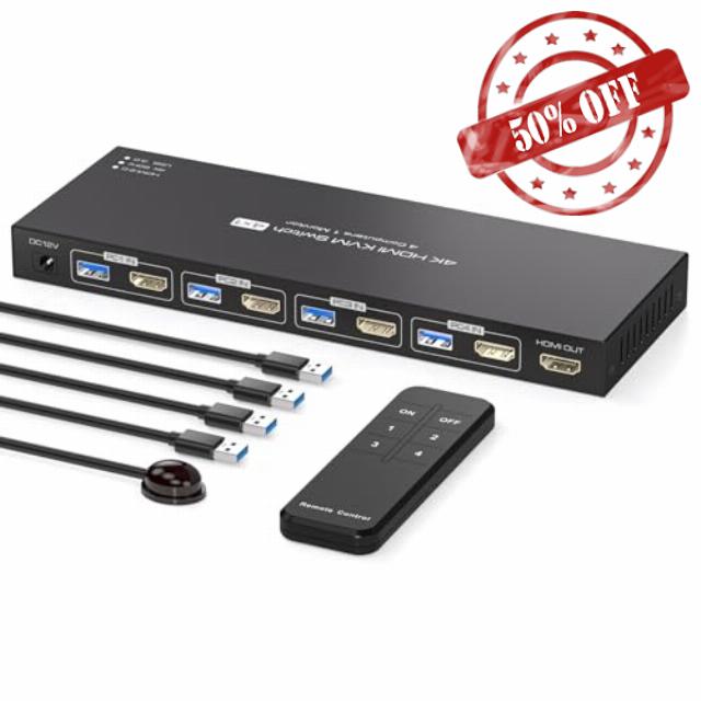 PVBCTCSID KVM Switch 1 Monitors 4 Computers 4K@60Hz KVM Switches KVM Switch HDMI for 4 pc Sharing 1 Monitor and 4 USB3.0 Devices with IR Remote Control