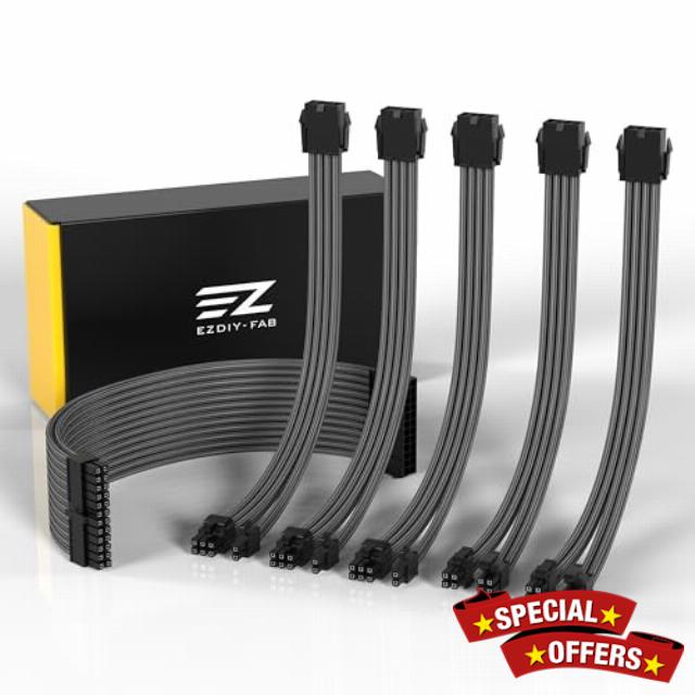 EZDIY-FAB PSU Cable Extension Sleeved Custom Mod GPU PC Power Supply Soft Nylon Braided with Comb Kit 24PIN/3x 8PIN to 6+2Pin/ 2X 8PIN to 4+4PIN-300MM/11.8in -Carbo