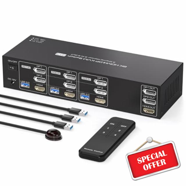 PVBCTCSID KVM Switch 3 Monitors 3 Computers 2 Displayport HDMI 8K60HZ HDMI KVM Switches Displayport Sharing Three Monitors and 4 USB 3.0 Devices Support IR Remote Switch