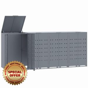 idaXL Wheelie Bin Storage for 4 Bins - Grey Steel - Front Doors with Magnetic Closure - Ventilated Panels - Gas-Spring Lid - Assembly Required - 276x79x117 cm