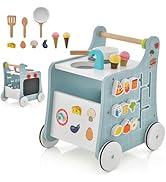 GYMAX Wooden Baby Walker, 2-in-1 Toddler First Step Activity Interactive Push Along Toy with Smoo...