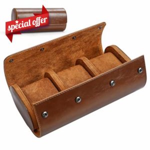 iplusmile Watch Box for Men - Watch Roll Case 3 Slot - Leather Watch Case Organizer - Elastic PU Material Vintage Display Case Storage for Watch Jewelry