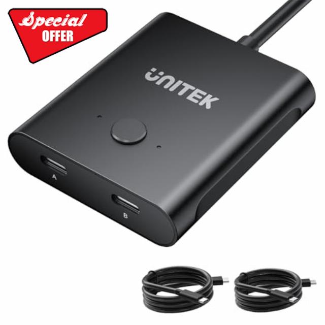 Unitek Bi-Directional USB C Switcher 1 in 2 Out/2 in 1 Out USB Switch Selector 2 Computers Share 1 Devices USB KVM Switch100W Charging 8K@60Hz Video 10Gbps Data Transfer USB-C Cables Included Black