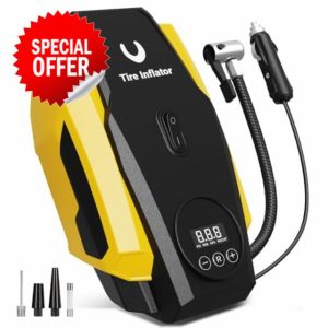 Powools Tyre Inflator Portable Air Compressor - Air Pump for Car Tyres - 12V DC Compact Tyre Pump with Auto Shutoff Function - Multipurpose Car Accessory with LED Light