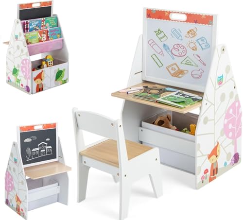 Wooden Art Table with Adjustable Double-Sided Magnetic Whiteboard & Blackboard