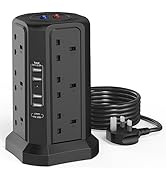 Tower Extension Lead with USB Slots and Night Light, (13A 3250W)5 USB Ports & 8 Way Socket Extens...