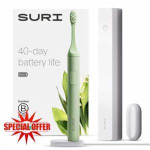 SURI Sustainable Sonic Toothbrush - Electric Toothbrush Adults - Slim and Powerful Travel Toothbrush with UV Cleaning Case - Recyclable Plant-Based Head